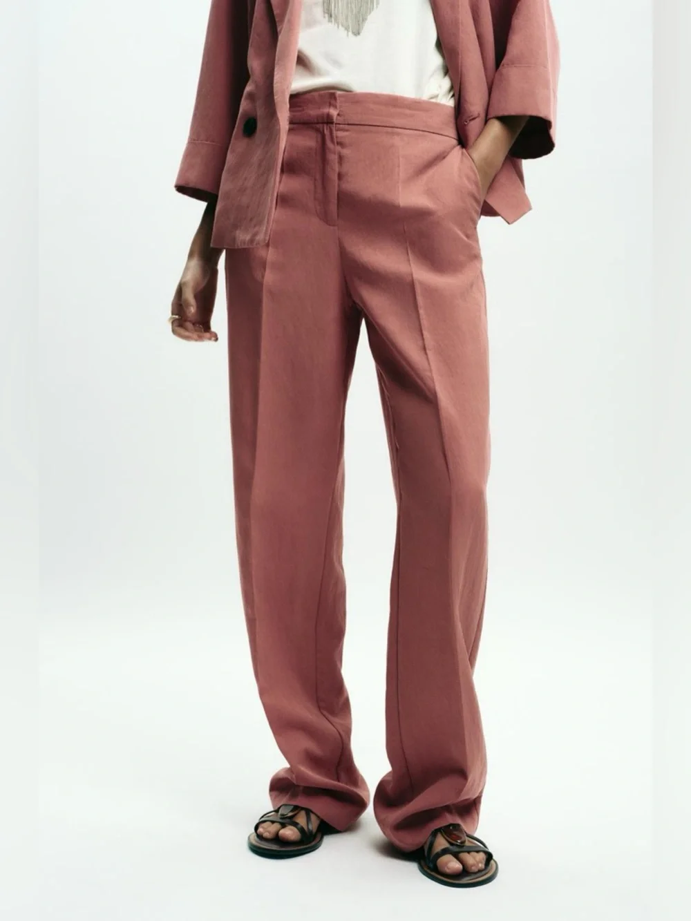 ZARA High-waisted Straight-Leg Trousers in Dusty Rose. L NWT